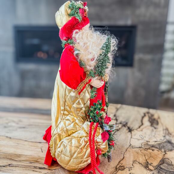 Curly Bearded Santa Claus in Red, Gold & Greenery Tree Top/Table Top Decor, 13”H - Picture 10 of 10